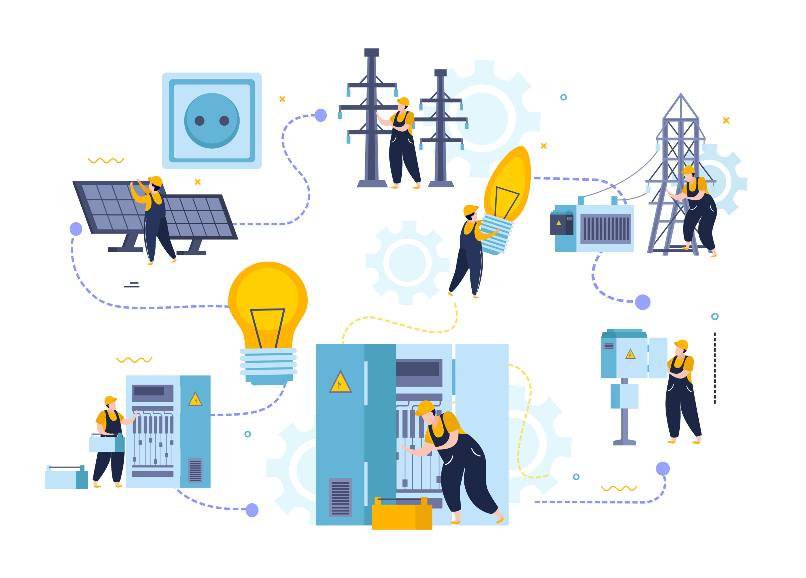 An illustration shows various stages of electricity generation and distribution, with workers around solar panels, power lines, substations, and a wall socket, connected by dashed lines.