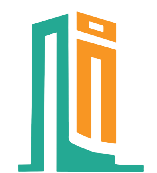 An abstract logo features two stylized letter-like shapes: one teal and one orange, resembling buildings, against a white background.