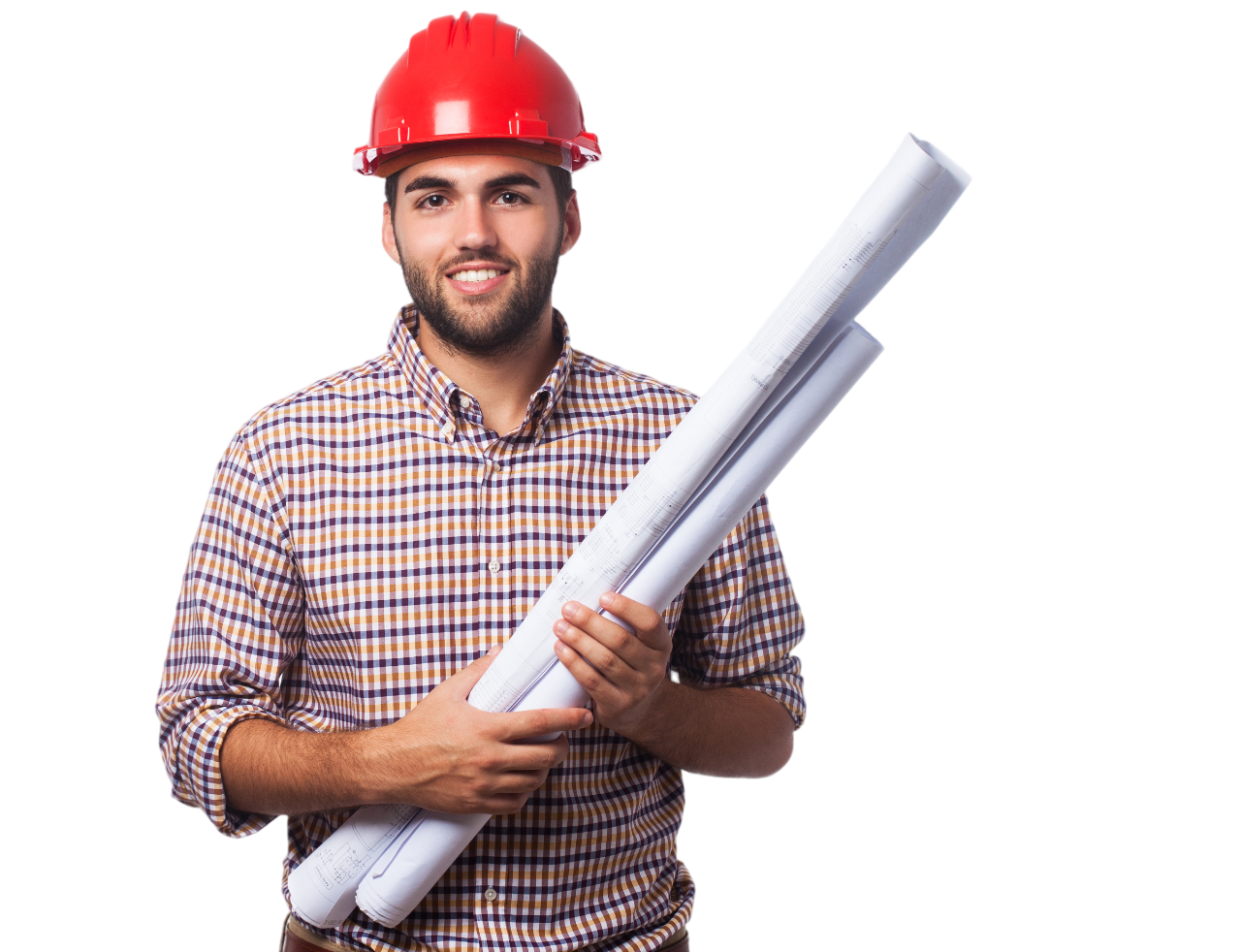 A smiling young man in a red hard hat and plaid shirt holds rolled-up blueprints, looking directly at the viewer against a plain grey background.