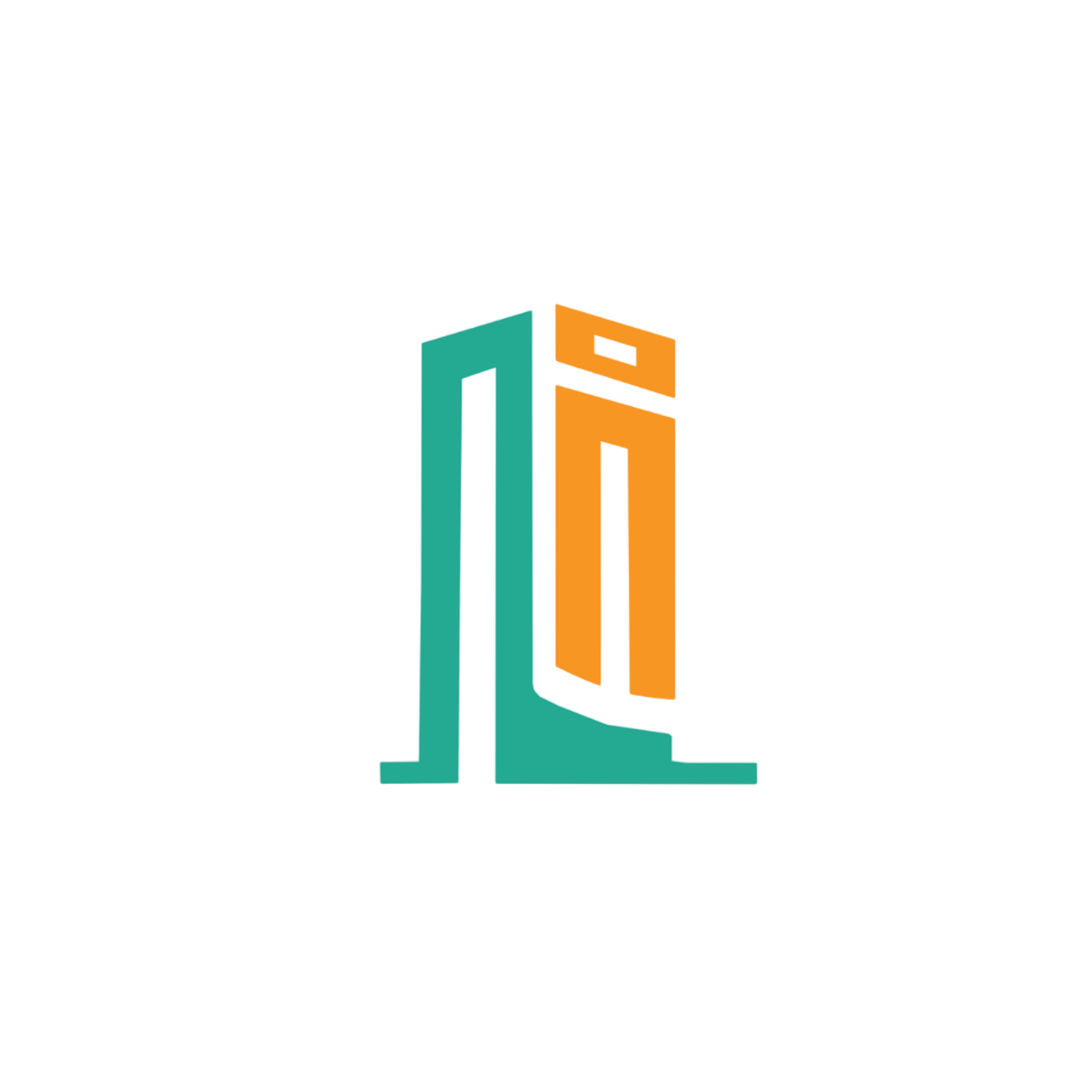 An abstract logo features two stylized letter-like shapes: one teal and one orange, resembling buildings, against a black background.
